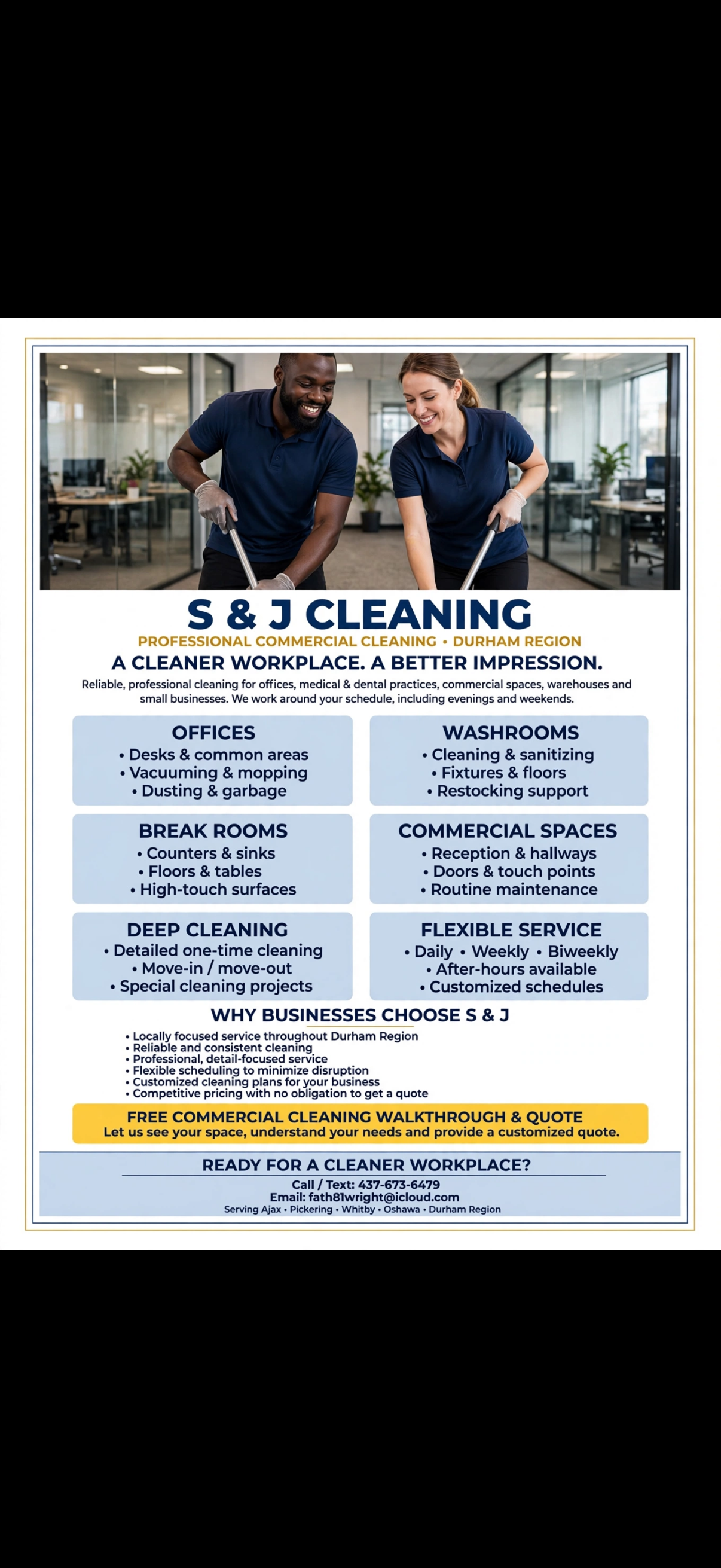 Two cleaners working together in a modern office, from the S&J flyer